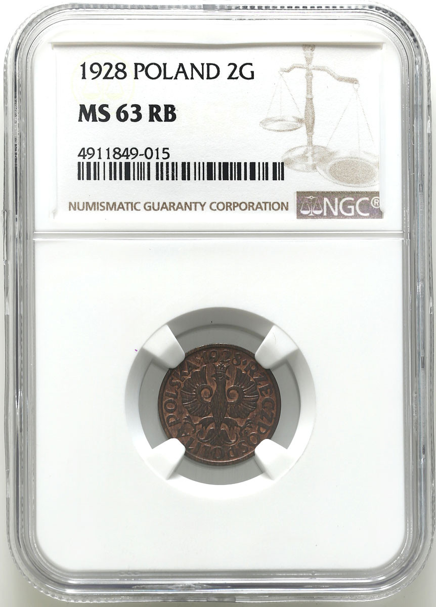 II RP. 2 grosze 1928 NGC MS63 RB